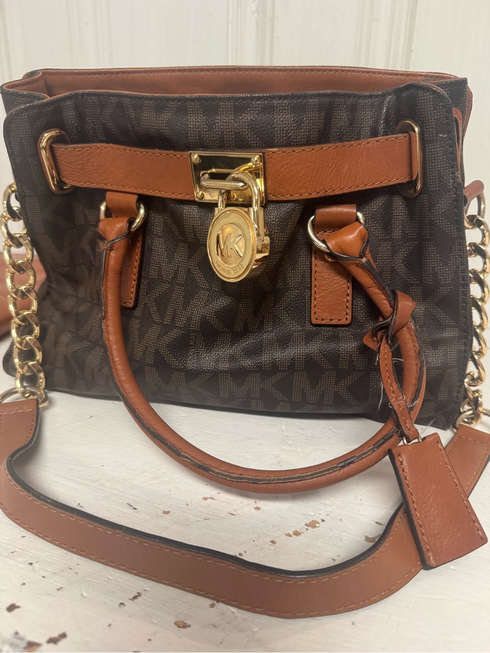 Michael Kors Hamilton Monogram Satchel Brown MK Signature Tote Gold Hardware